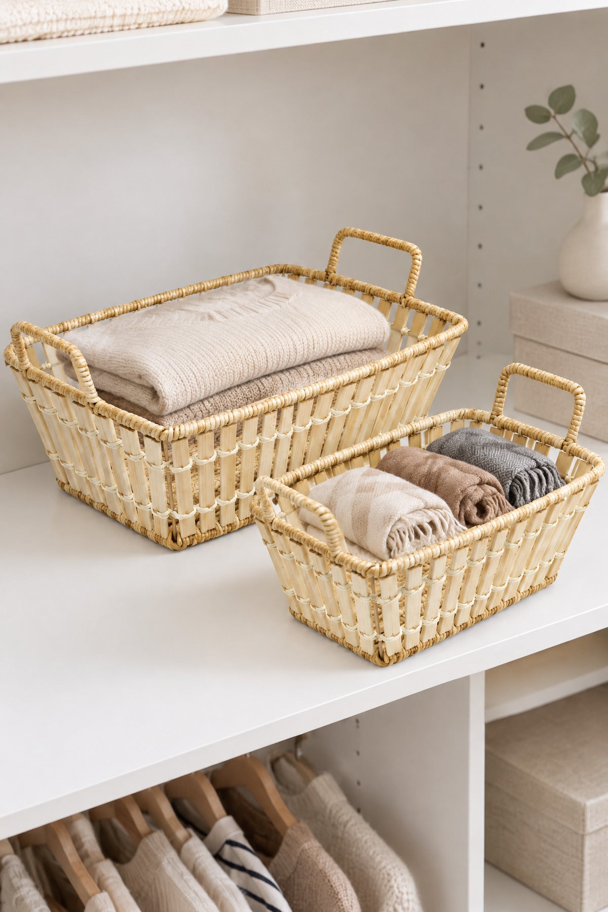 2'li Dikdörtgen Bambu Hasır Kulplu Düzenleyici Sepet Seti, 30x24,5 cm + 26x21 cm