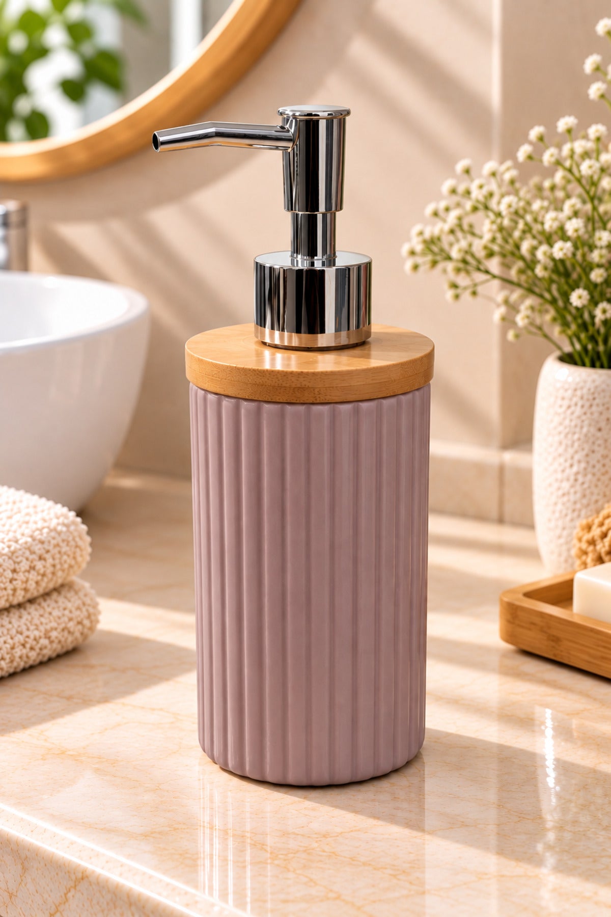 400 ml Bambu Kapaklı Sıvı Sabunluk, Desenli Seramik, Siyah Gri Pudra Pembe, 8x19 cm – Pudra Pembe