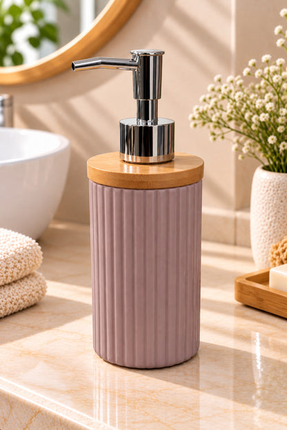 400 ml Bambu Kapaklı Sıvı Sabunluk, Desenli Seramik, Siyah Gri Pudra Pembe, 8x19 cm – Pudra Pembe