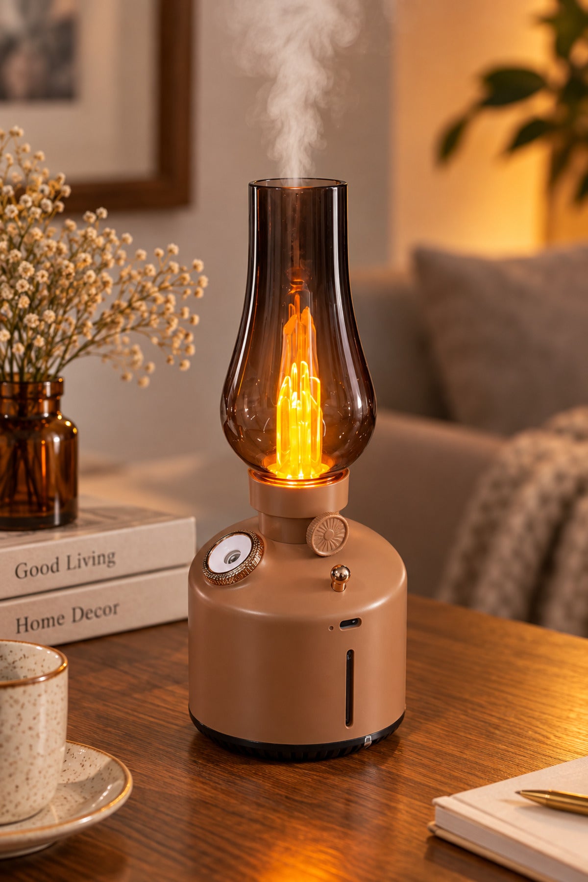 Vintage Lamba Tasarımlı Hava Nemlendirici 280 ml, LED Işıklı, Şarjlı, 22x10 cm – Kahverengi