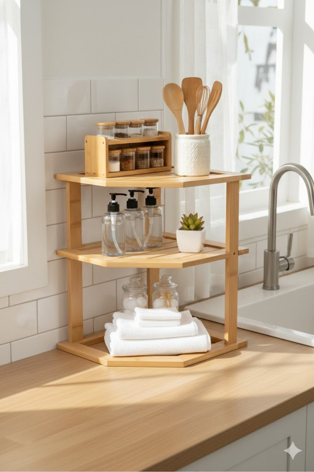 Bambu 3 Katlı Mutfak & Banyo, Mutfak Düzenleyici Organizer, 23 cm × 25 cm × 25 cm