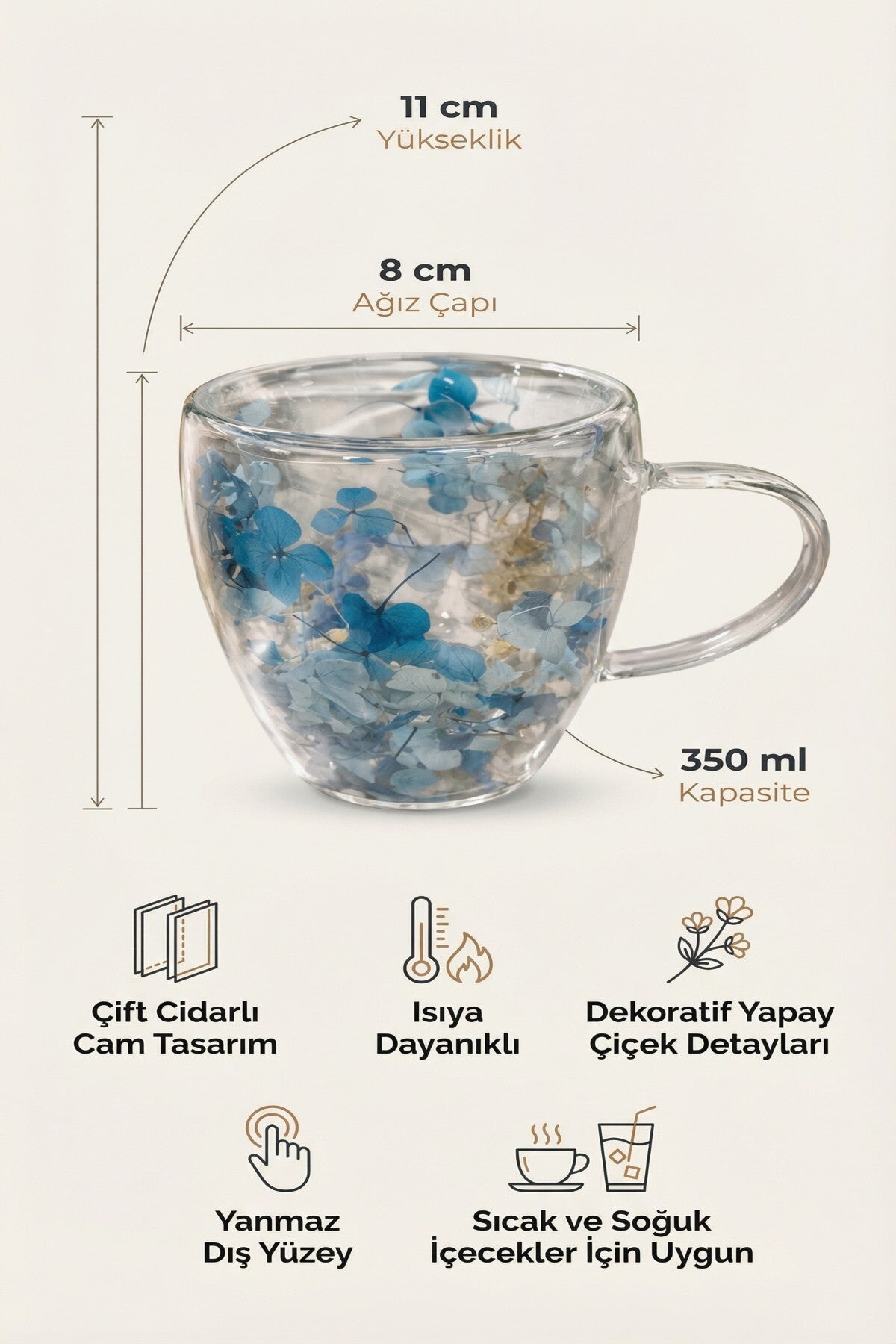 Mavi Çiçekli Çift Cidarlı Cam Kupa, 350 ml, 11 cm x 8 cm - görsel 2