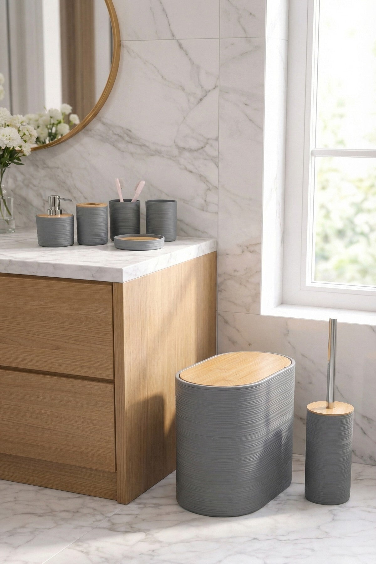 6 Parça Banyo Seti, Bambu Detaylı, 8L Çöp Kovası 24x26x16 cm
