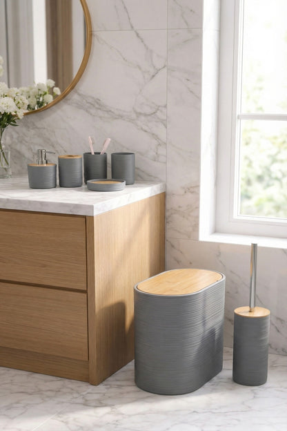 6 Parça Banyo Seti, Bambu Detaylı, 8L Çöp Kovası 24x26x16 cm