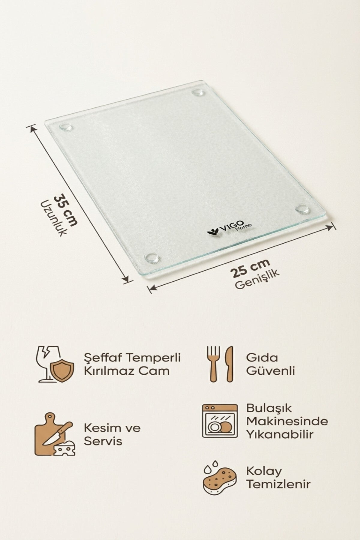 Cam Kesme Tahtası Kırılmaz Temperli 25x35 cm Şeffaf Kaymaz