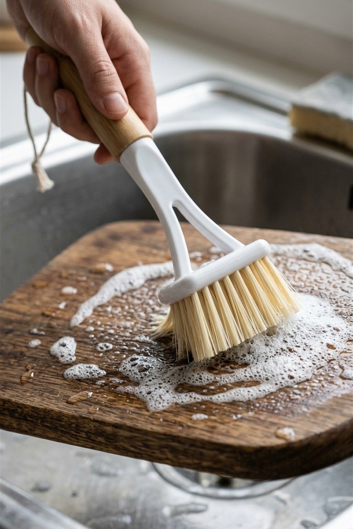 Bambu Saplı Geniş Düz Başlı Tencere ve Bulaşık Fırçası, Askı İpli, 22 cm