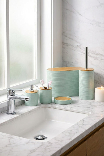 6 Parça Banyo Seti, Bambu Detaylı, 8L Çöp Kovası 24x26x16 cm