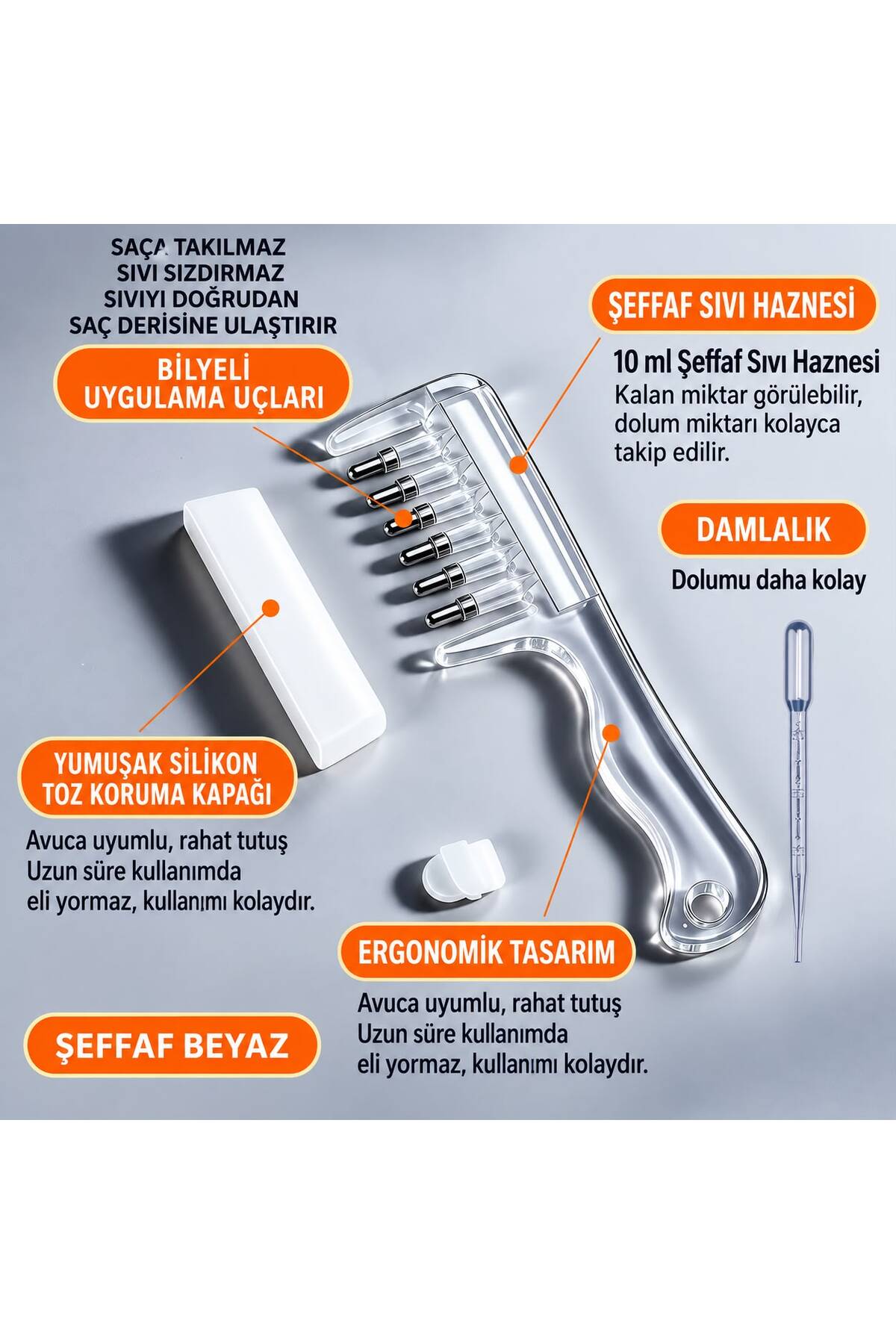 Saç Bakım Sıvısı Uygulama Tarağı – Bilyeli Masaj Uçlu, 10 ml Hazneli, Damlalıklı