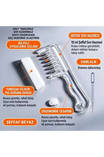 Saç Bakım Sıvısı Uygulama Tarağı – Bilyeli Masaj Uçlu, 10 ml Hazneli, Damlalıklı
