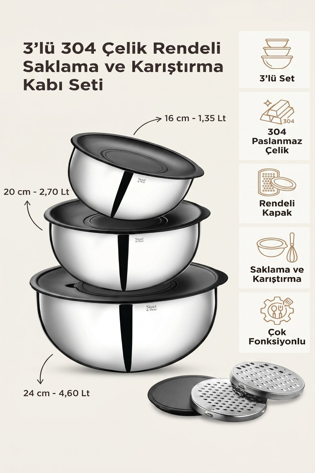 304 Çelik Rendeli 3'lü Saklama ve Karıştırma Kabı Seti (16 cm, 20 cm, 24 cm) - görsel 2