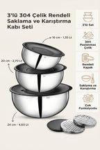304 Çelik Rendeli 3'lü Saklama ve Karıştırma Kabı Seti (16 cm, 20 cm, 24 cm) - görsel 2