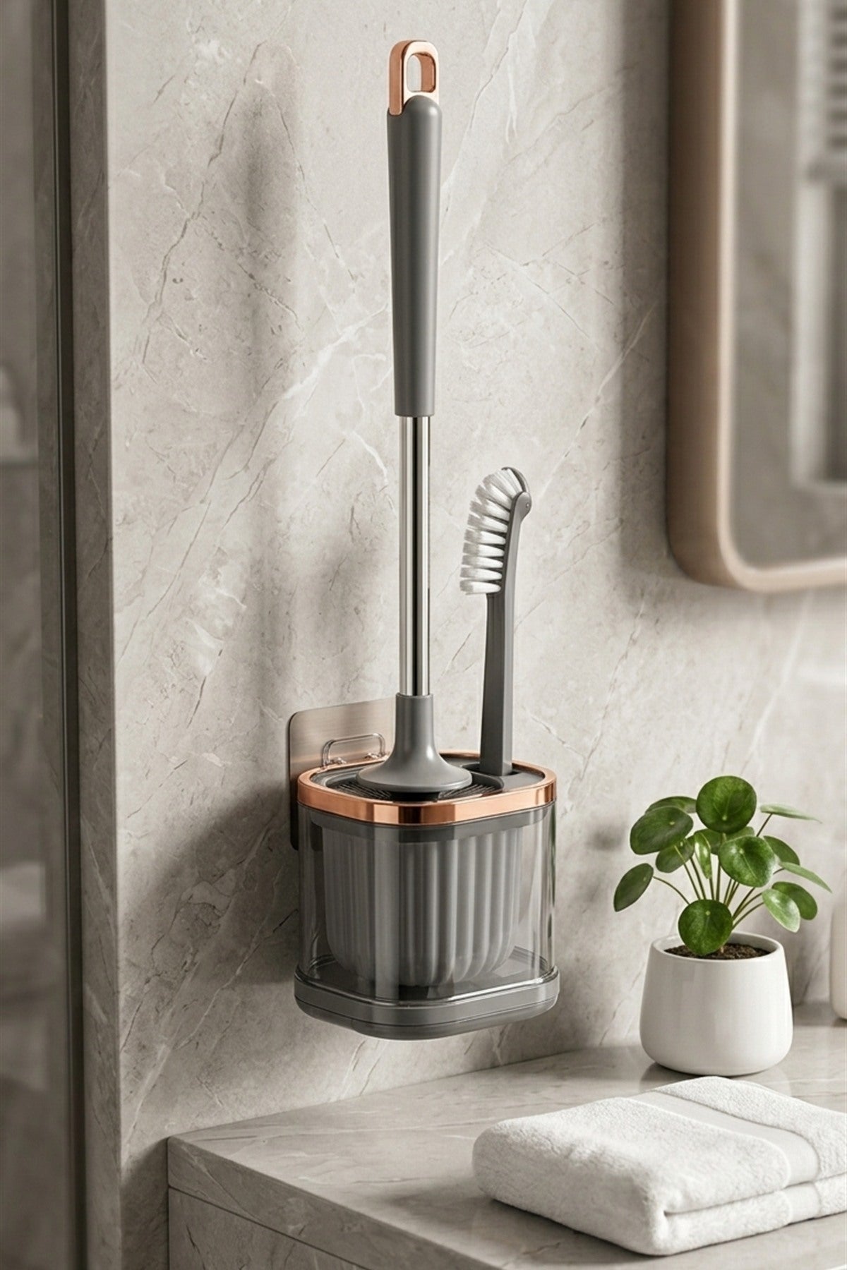 WC Fırçası ve Temizlik Fırçası Seti, Gri, Duvara Monte Edilebilir, 45 cm