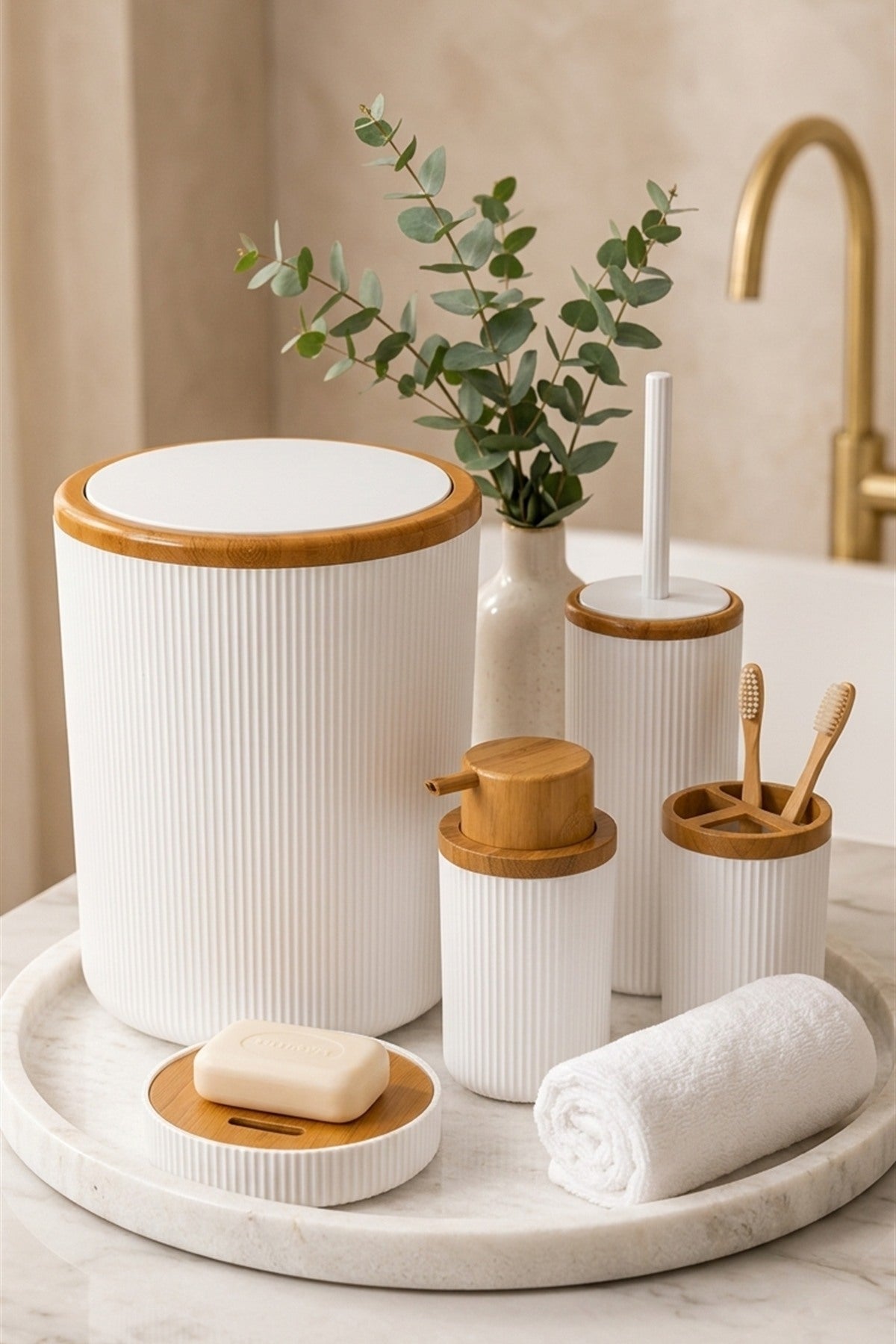 Beyaz Bambu Desenli Nola 5 Parça Banyo Seti, 6 litre