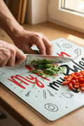 Cam Kesme Tahtası Kırılmaz Temperli 25x35 cm My Kitchen My Rules Yazılı Desenli