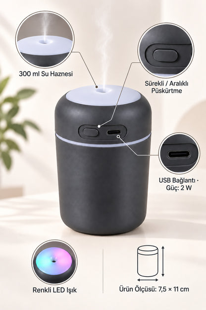 Hava Nemlendirici 300 ml, USB Şarjlı, LED Işıklı, 7,5 x 11 cm