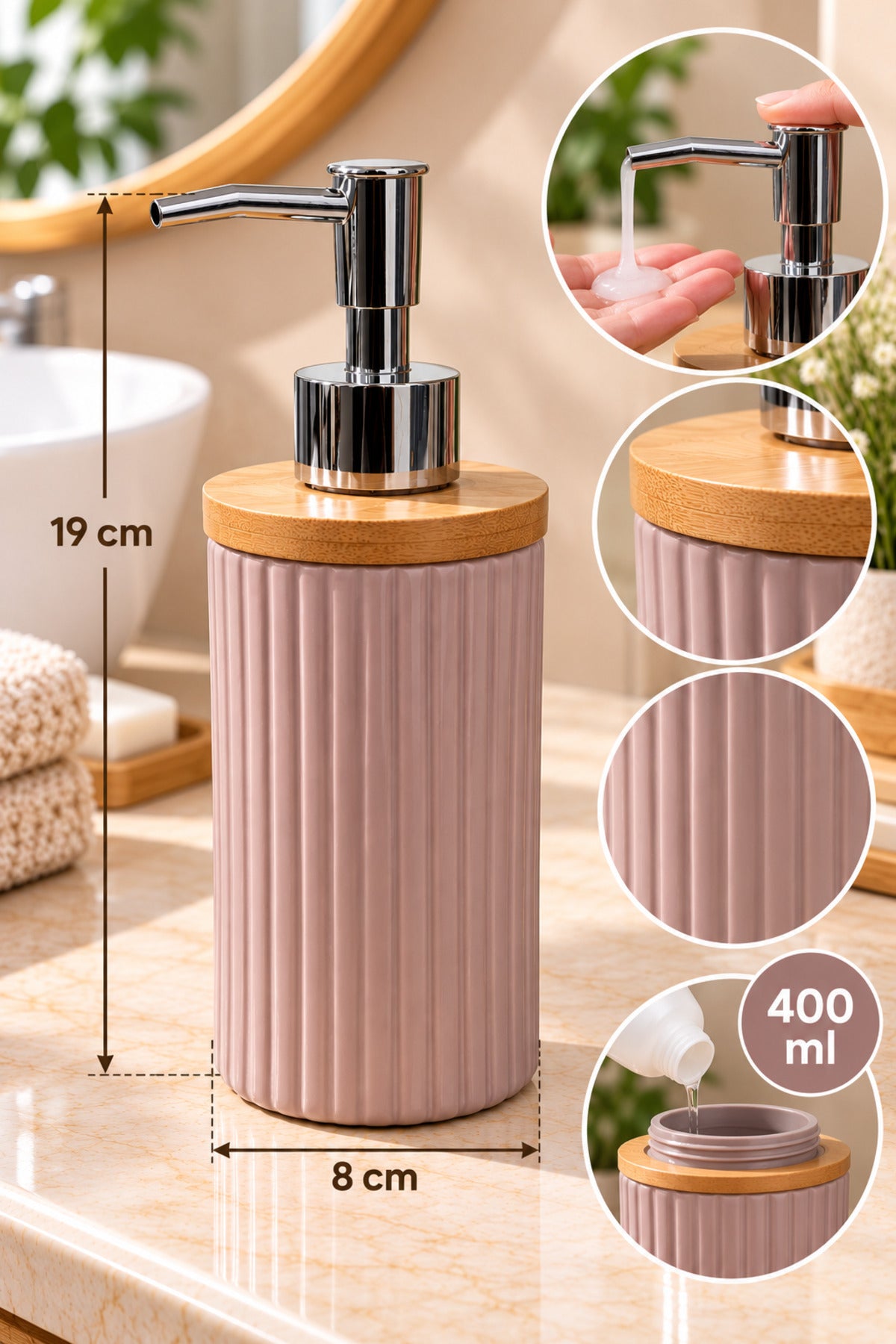 400 ml Bambu Kapaklı Sıvı Sabunluk, Desenli Seramik, Siyah Gri Pudra Pembe, 8x19 cm