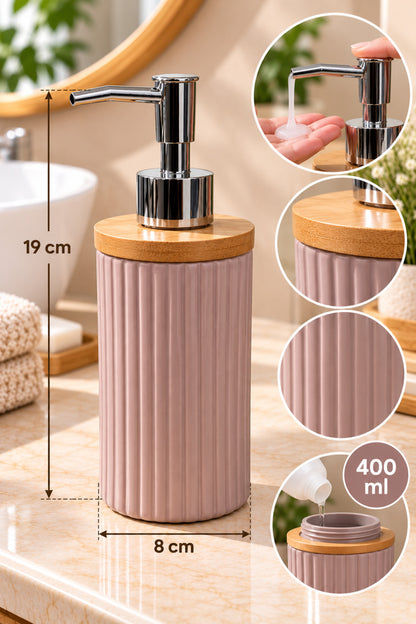 400 ml Bambu Kapaklı Sıvı Sabunluk, Desenli Seramik, Siyah Gri Pudra Pembe, 8x19 cm