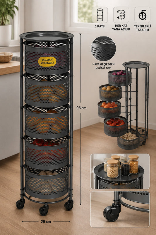 5 Katlı Tekerlekli Metal Sebzelik, Antrasit, Yana Açılır Sepetli, Üst Tablalı, 96 cm