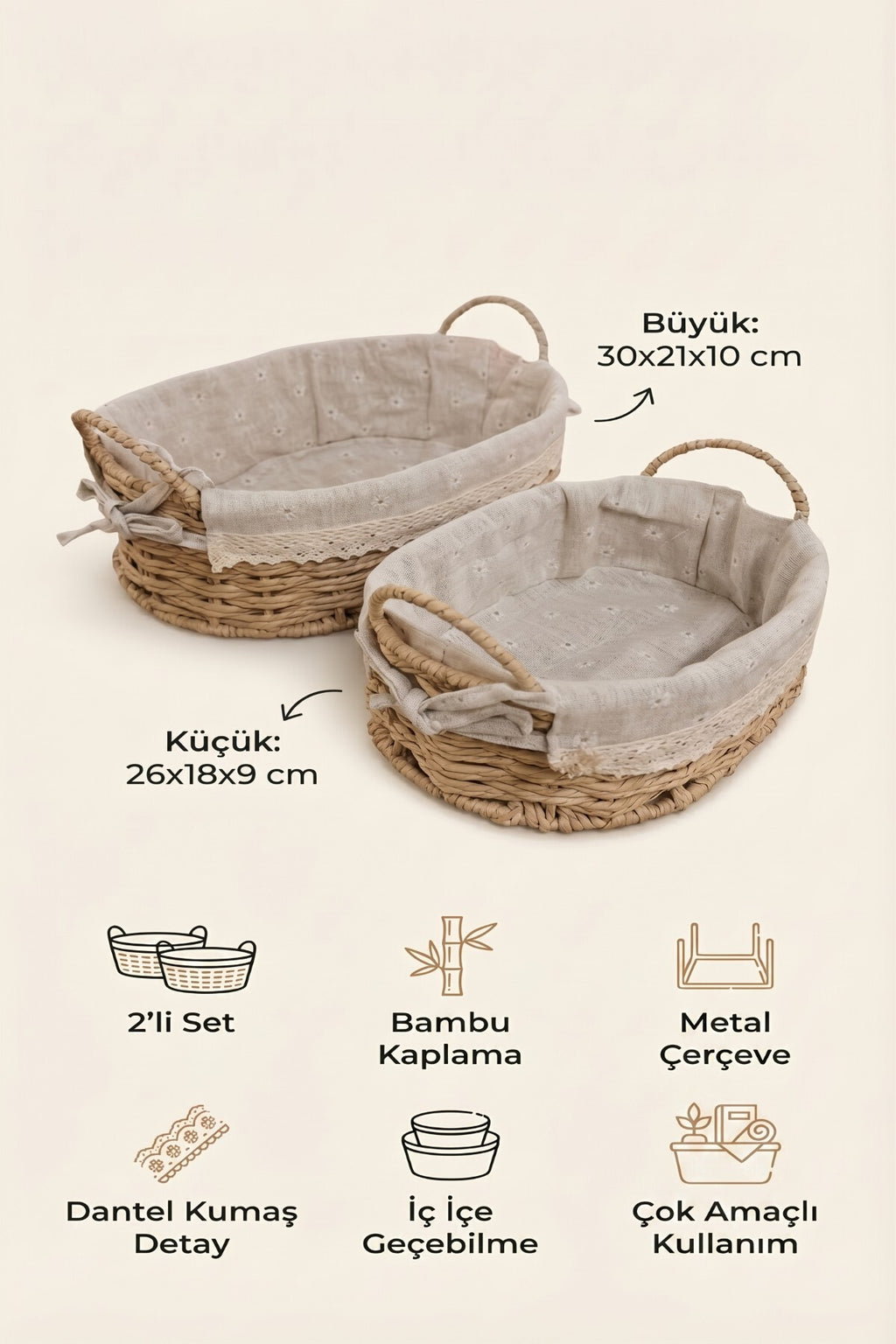 2’li Oval Bambu Ekmek Sepeti Seti, Kulplu Metal Çerçeveli, Dantelli Çiçek Desenli Kumaş - görsel 2