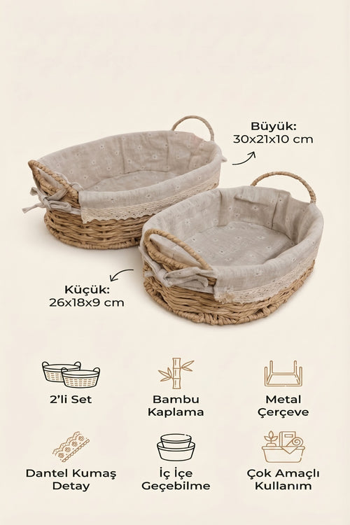 2’li Oval Bambu Ekmek Sepeti Seti, Kulplu Metal Çerçeveli, Dantelli Çiçek Desenli Kumaş - görsel 2