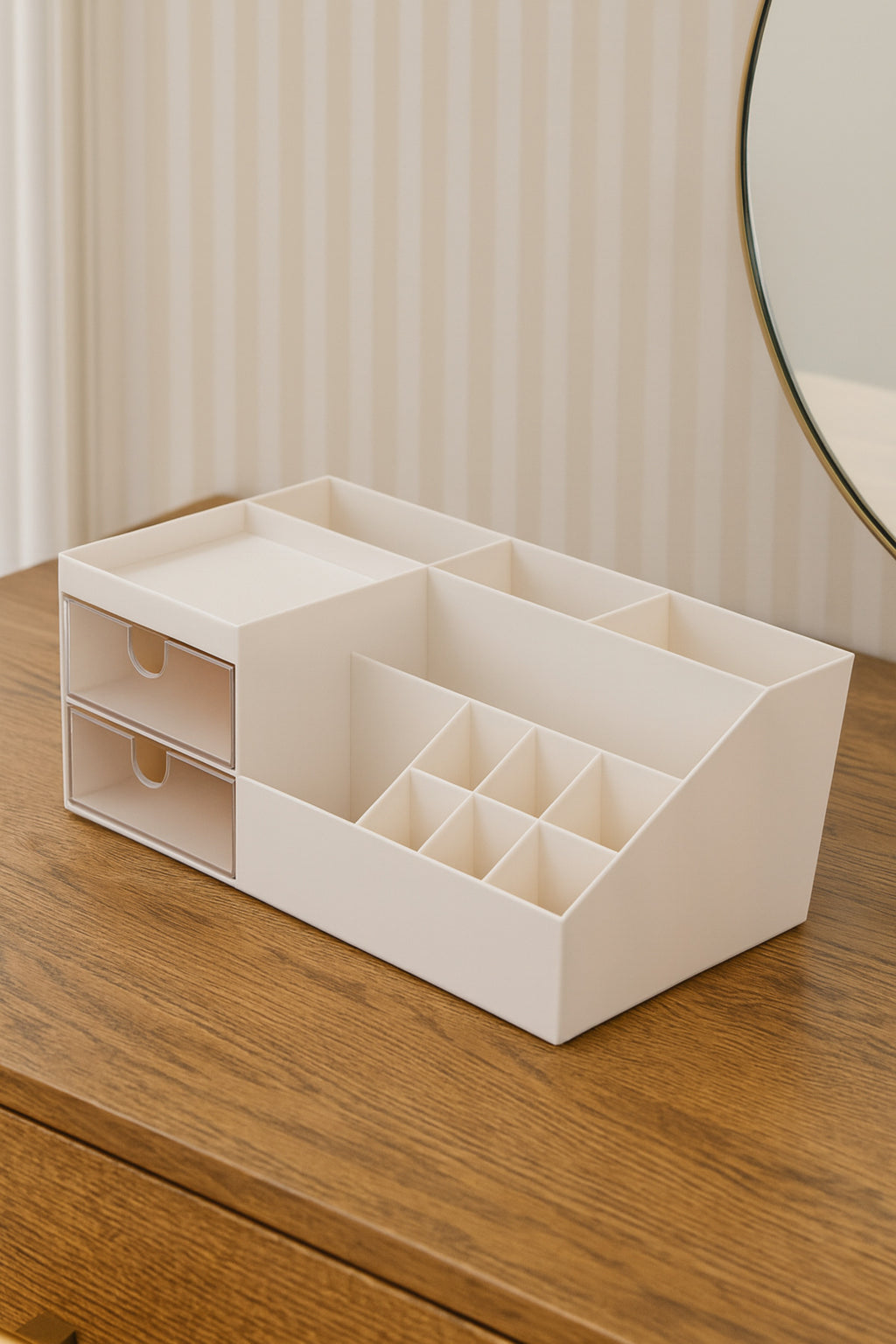 Şeffaf İki Çekmeceli Krem Organizer, Şık Düzenleyici, Yükseklik 9 cm x En 24,5 cm x Derinlik 12 cm