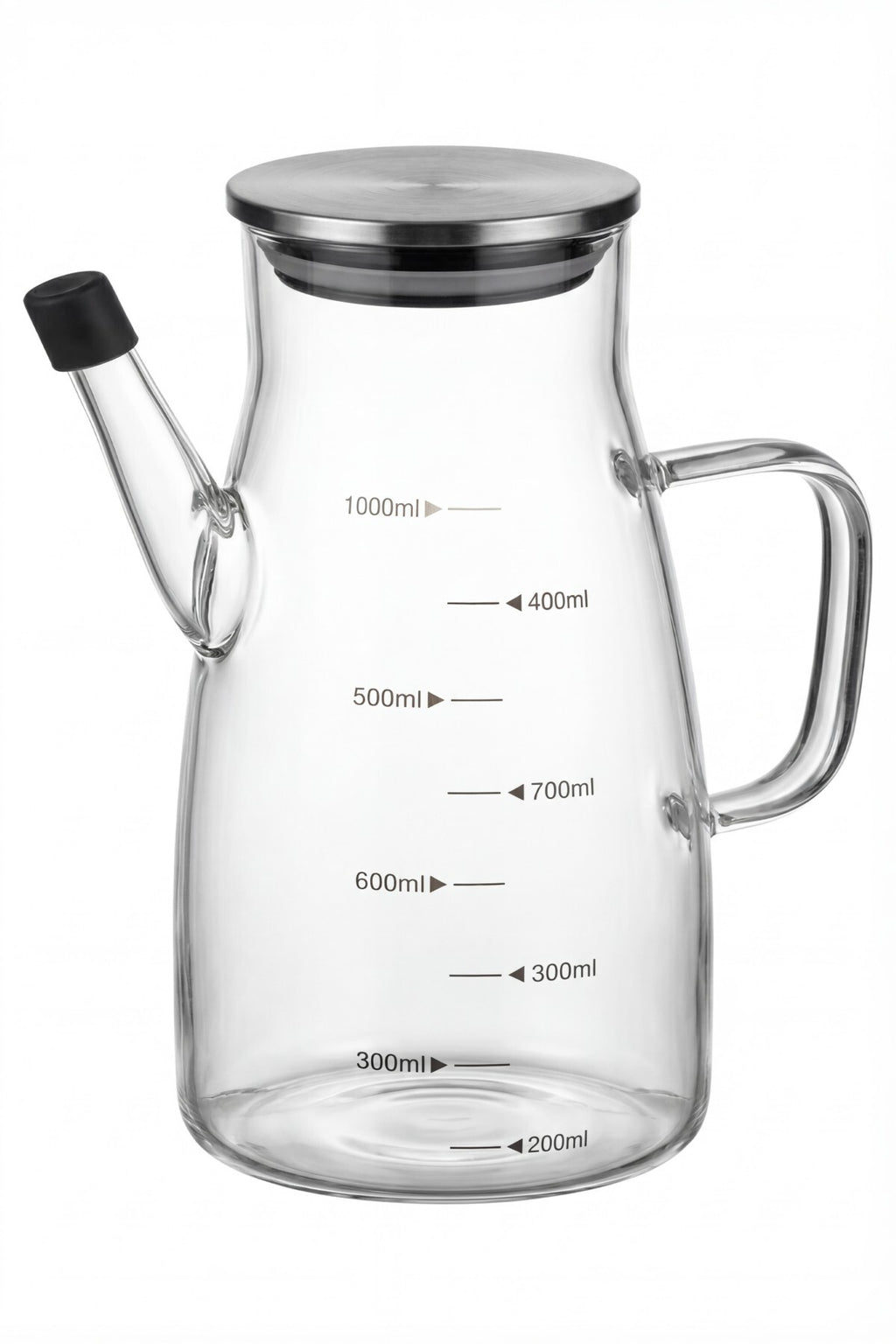 1000 ml Cam Yağlık Sirkelik Sürahi, 22 cm Yükseklik, 10 cm Çap, Paslanmaz Çelik Kapaklı
