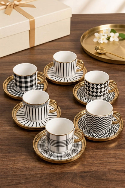 6 Kişilik 12 Parça Gold Detaylı Desenli Kahve Fincan Takımı