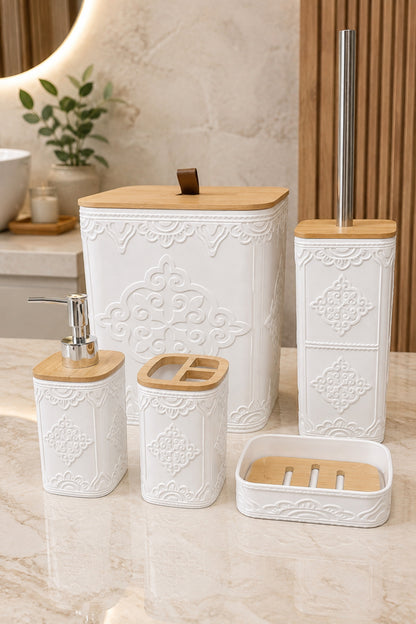 Doğal Bambu Detaylı 5 Parça Banyo Seti, 8 litre, 21 x 19 x 25 cm – Beyaz