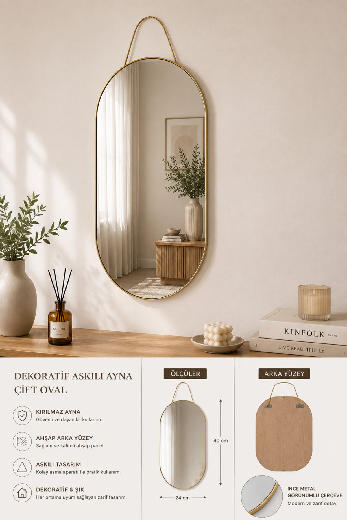 Dekoratif Askılı Kırılmaz Duvar Aynası, Ahşap Arkalı – Çift Oval