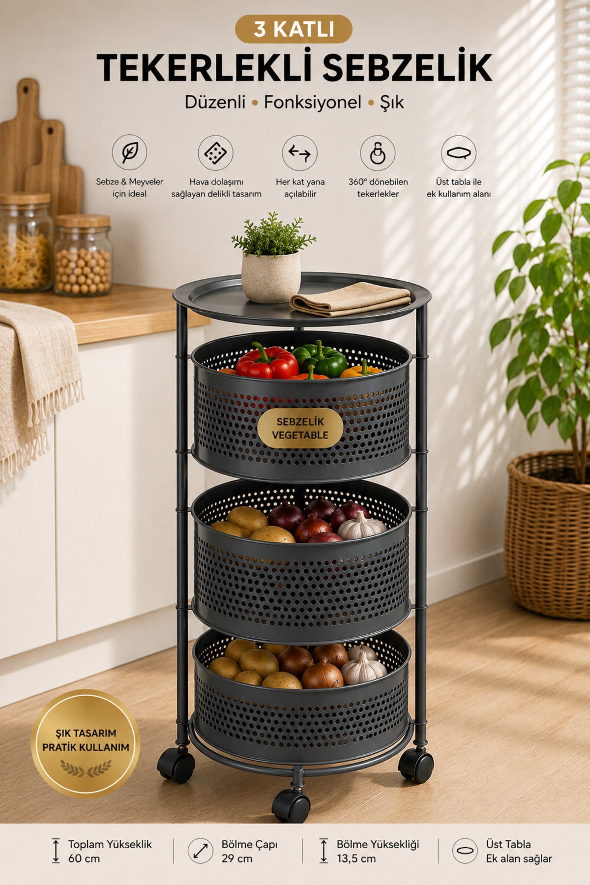 3 Katlı Tekerlekli Metal Sebzelik, Antrasit, Yana Açılır Sepetli, Üst Tablalı, 60 cm