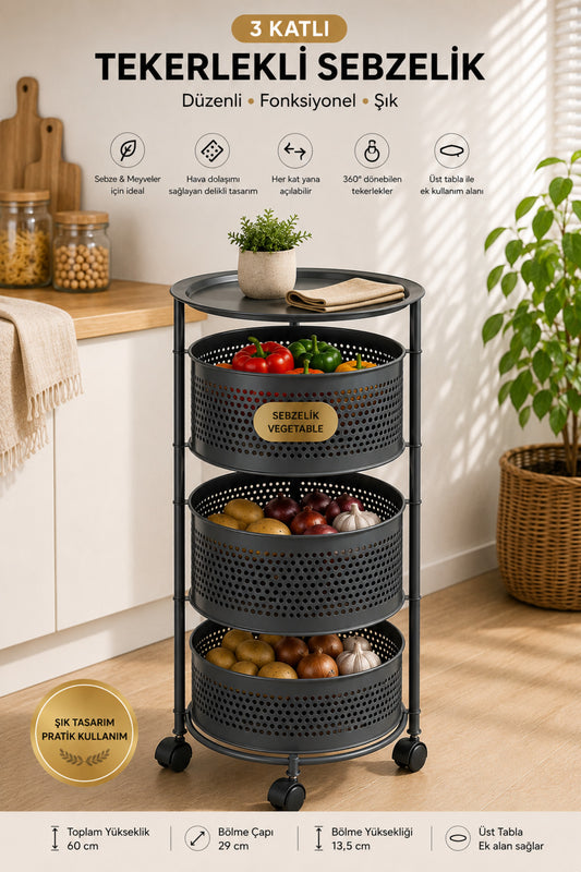 3 Katlı Tekerlekli Metal Sebzelik, Antrasit, Yana Açılır Sepetli, Üst Tablalı, 60 cm