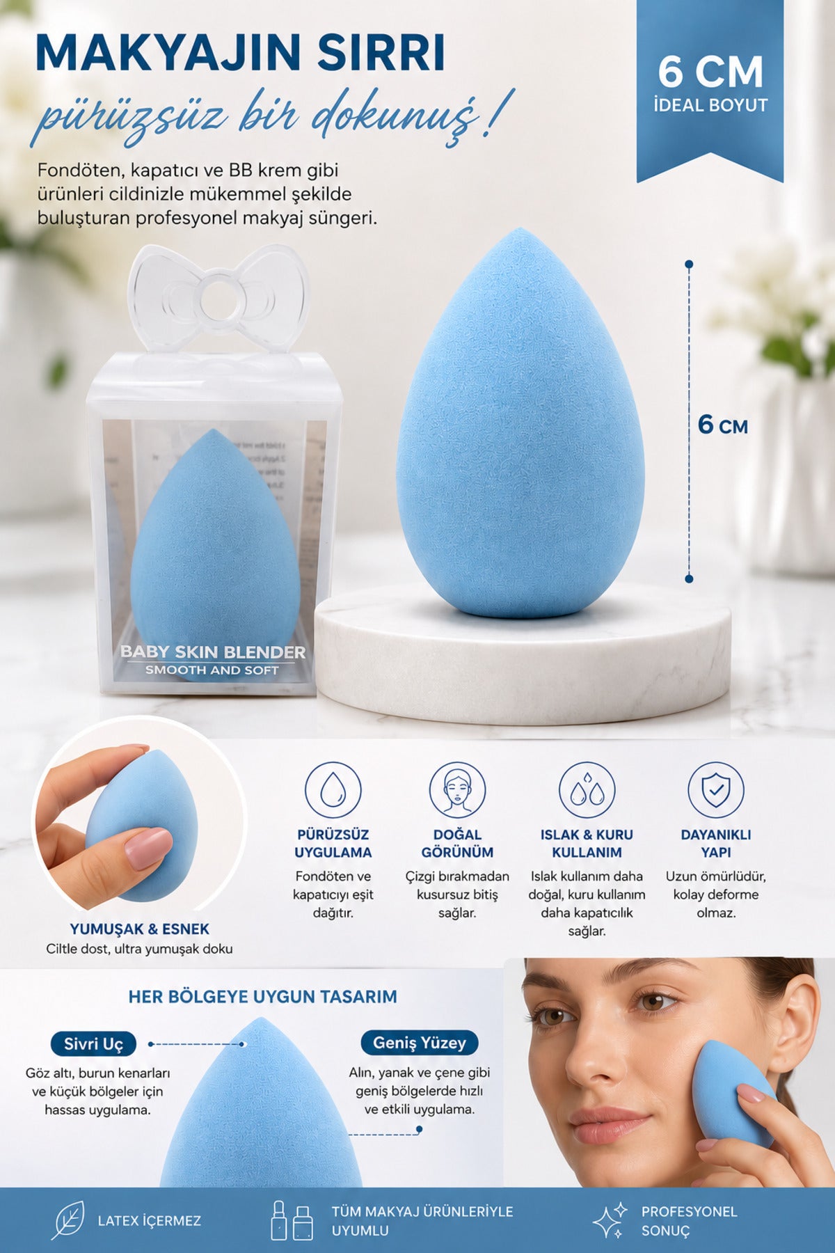 Makyaj Süngeri Mavi Beauty Blender Fondöten ve Kapatıcı Uygulama Süngeri, 6 cm - görsel 2