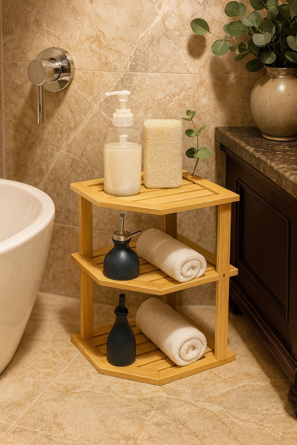 Bambu 3 Katlı Mutfak & Banyo, Mutfak Düzenleyici Organizer, 23 cm × 25 cm × 25 cm