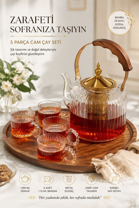 5 Parça Ahşap Metal Saplı Çizgili Cam Çay Seti, 1280 ml Demlik + 4 Adet 110 ml Bardak
