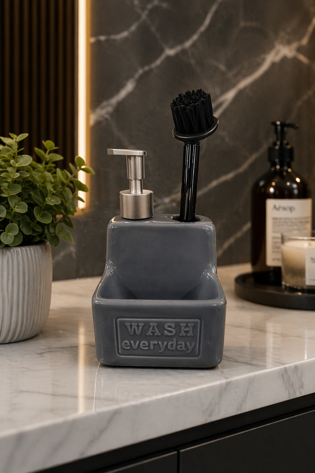 500 ml Gri Seramik Sıvı Sabunluk Deterjanlık Fırçalık, 11x11x18 cm - görsel 2