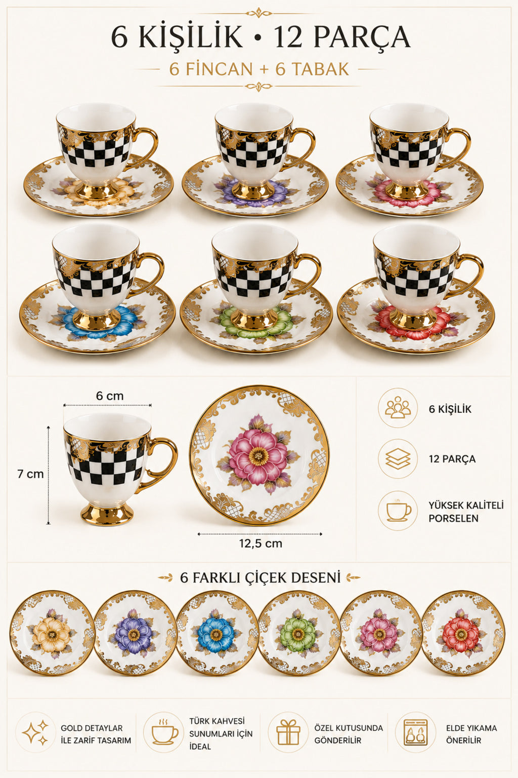 6 Kişilik 12 Parça Gold Detaylı Desenli Kahve Fincan Takımı