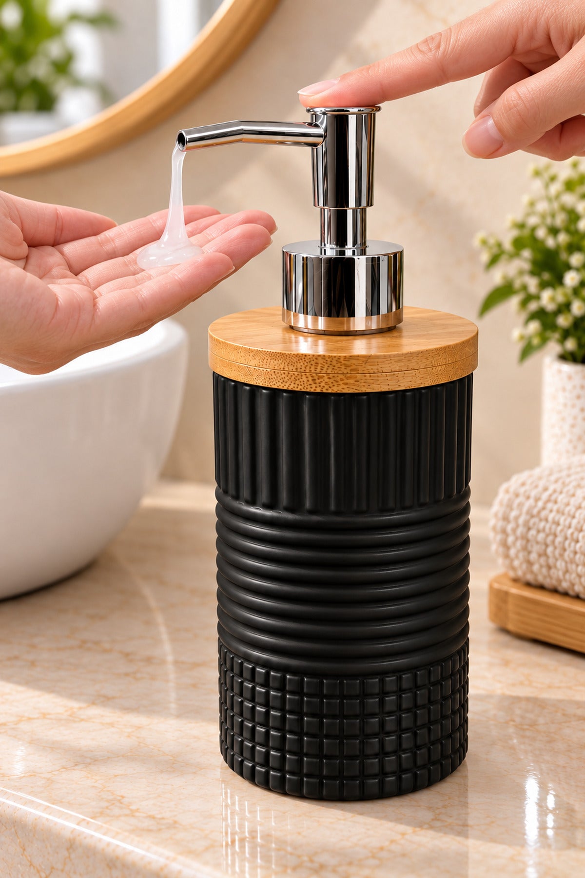 400 ml Bambu Kapaklı Sıvı Sabunluk, Desenli Seramik, 8x19 cm