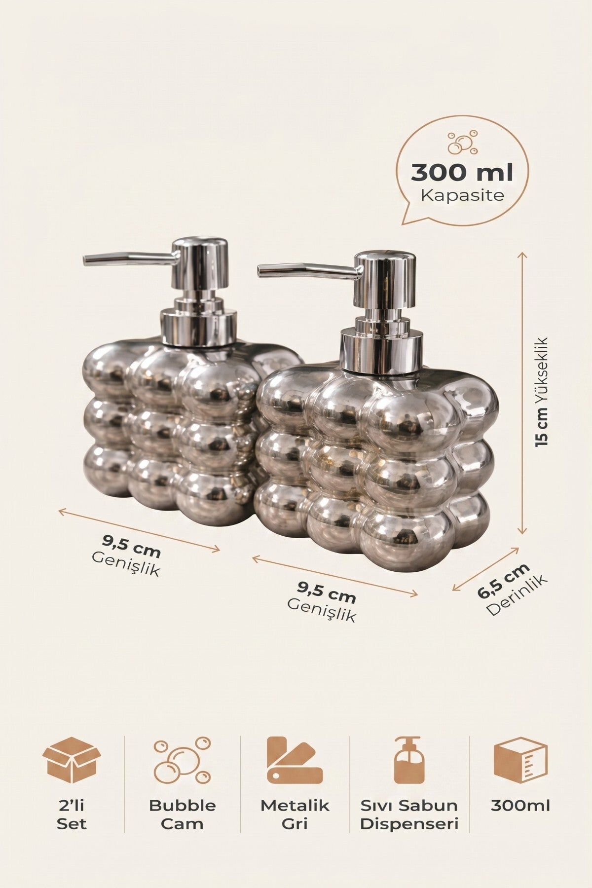 2 adet Bubble Cam Sıvı Sabunluk, 300 ml + 300 ml -, 9,5x6,5x15 cm
