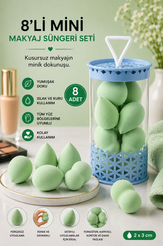 Mini Boy 8'li Yeşil Makyaj Süngeri Seti- 2 cm x 3 cm Makyaj Uygulama Süngeri