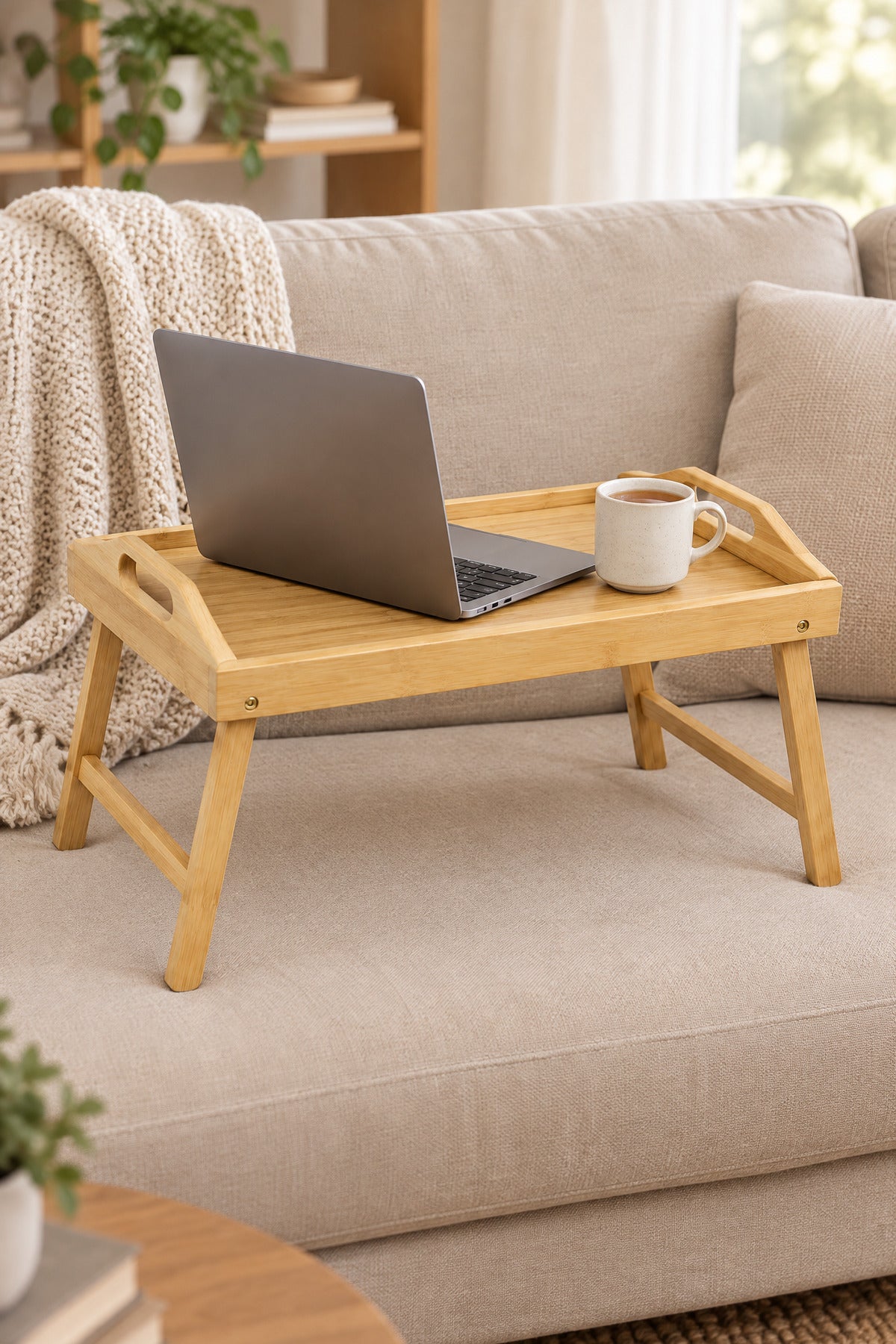 Katlanır Ayaklı Bambu Yatak Tepsisi, Kulplu Keyif ve Kahvaltı Tepsisi, 50x30 cm