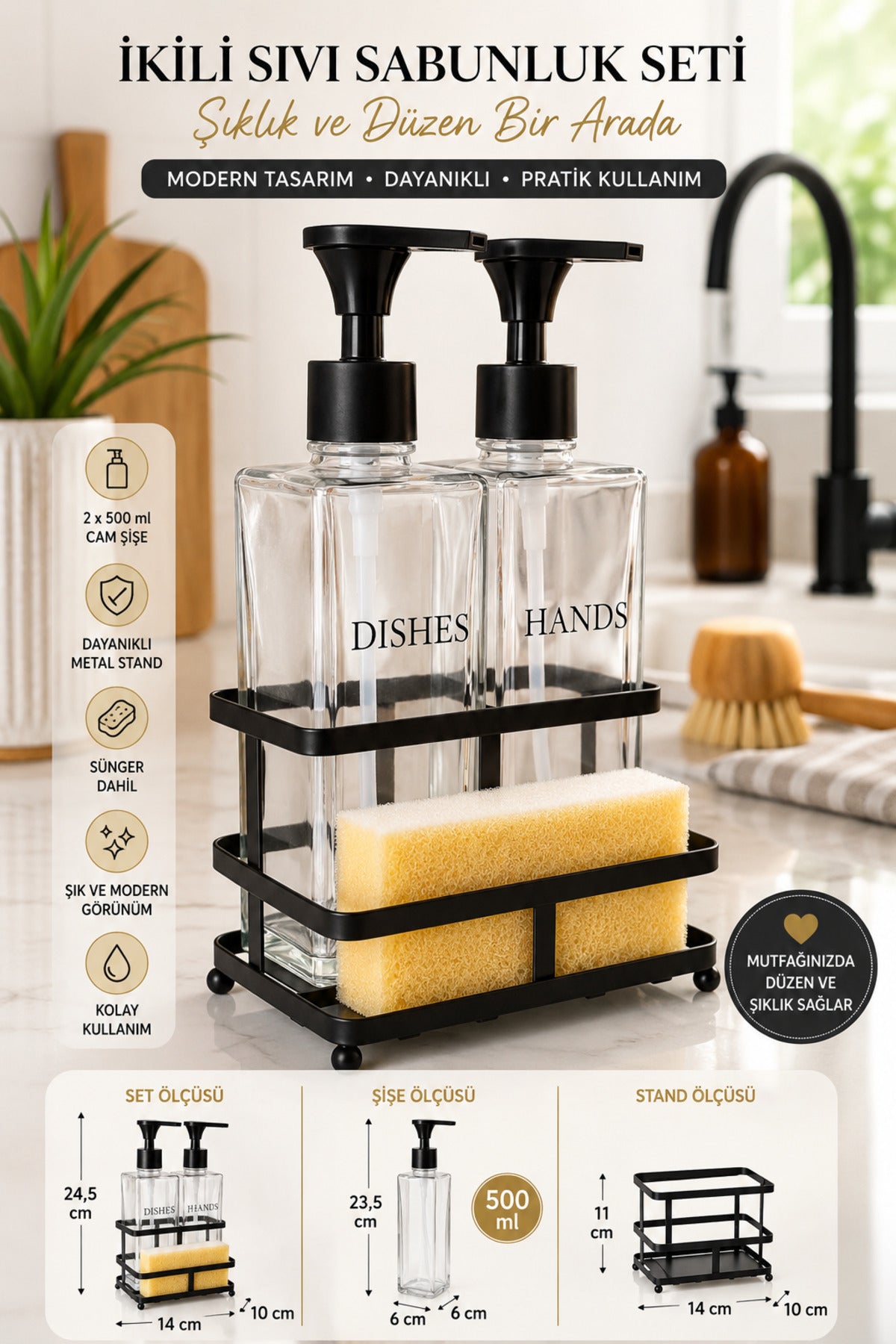 Siyah Metal Stantlı Pole İkili Cam Sıvı Sabunluk Seti, 2 x 500 ml, 14 x 10 x 24,5 cm, Sünger Dahil