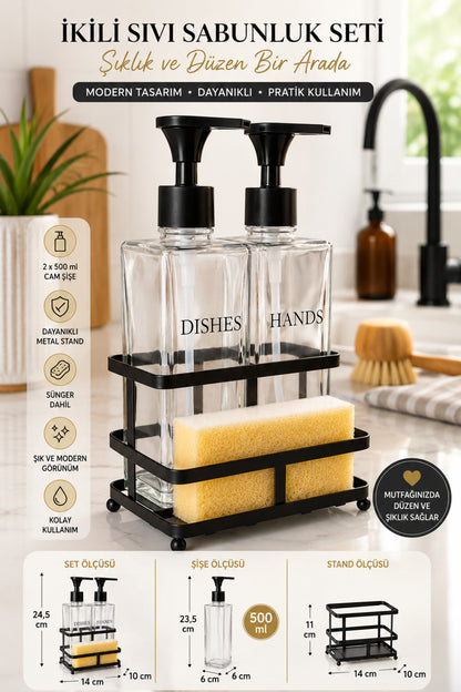 Siyah Metal Stantlı Pole İkili Cam Sıvı Sabunluk Seti, 2 x 500 ml, 14 x 10 x 24,5 cm, Sünger Dahil