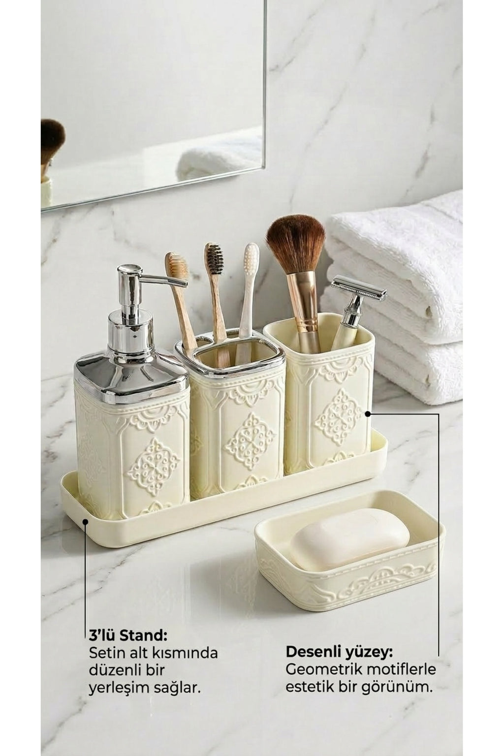 7 Parça Desenli Kare Click Kapaklı Beyaz Silver Banyo Seti, Hacim: 8 litre