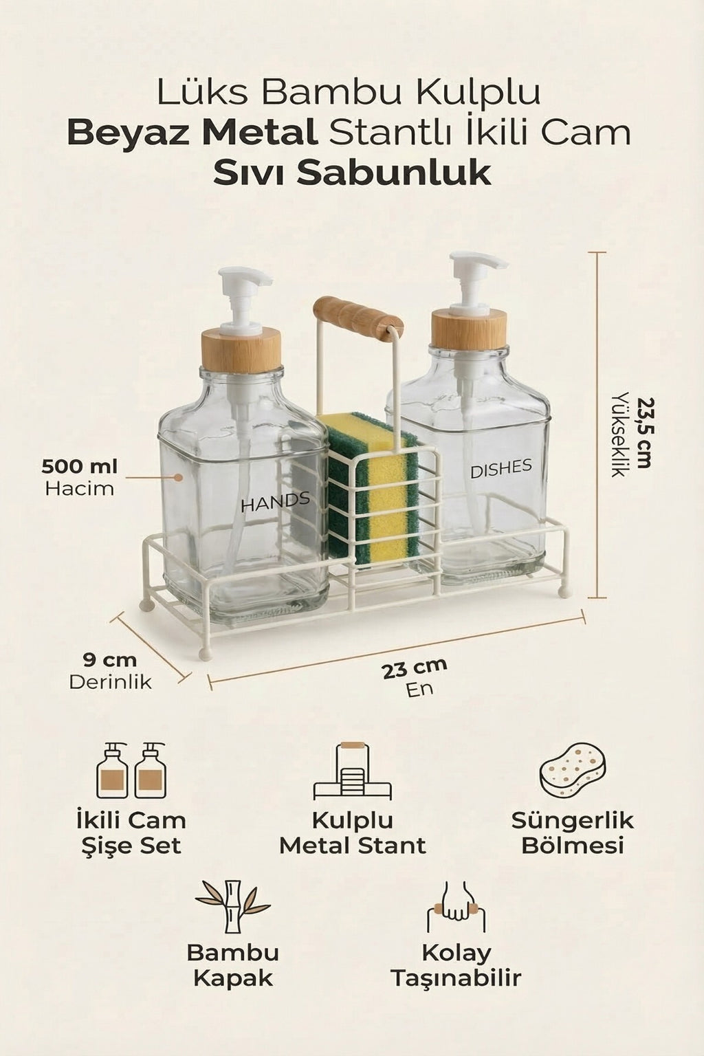 Lüks Bambu Kulplu Beyaz Metal Stantlı İkili Cam Sıvı Sabunluk 500 ml, 23x9x23,5 cm - görsel 2