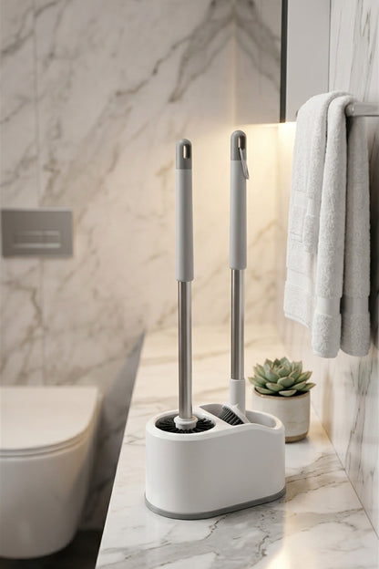 Çift Fırçalı WC Temizlik Seti, Beyaz, Duvara Monte Edilebilir, 51 cm