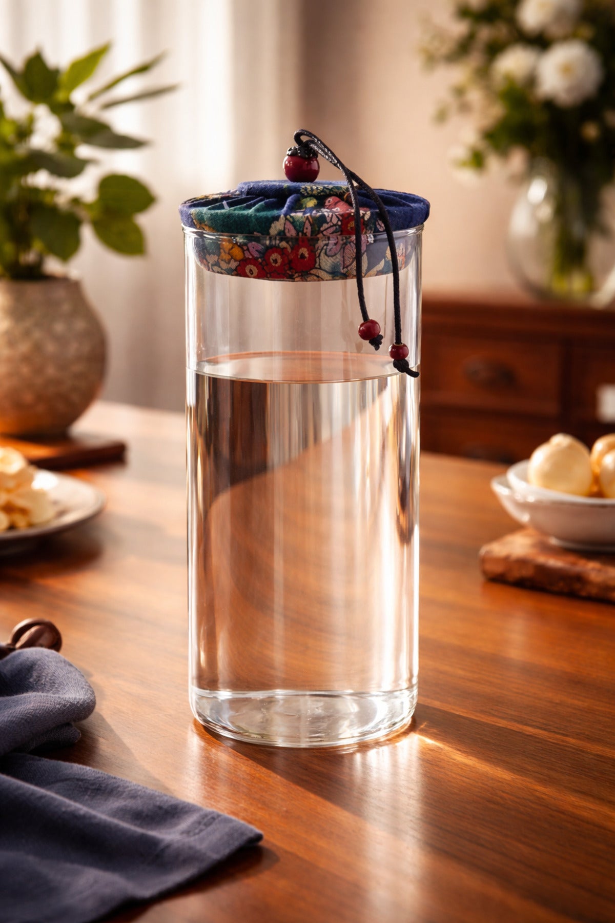 1000 ml Borosilikat Cam Hava Geçirmez Kumaş Kaplama Bambu Kapaklı Kavanoz, çap:8 cm, h:25 cm