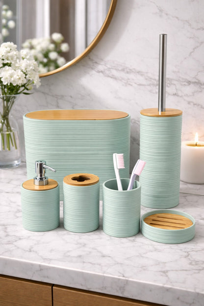 6 Parça Banyo Seti, Bambu Detaylı, 8L Çöp Kovası 24x26x16 cm – Su Yeşili 317-6-E