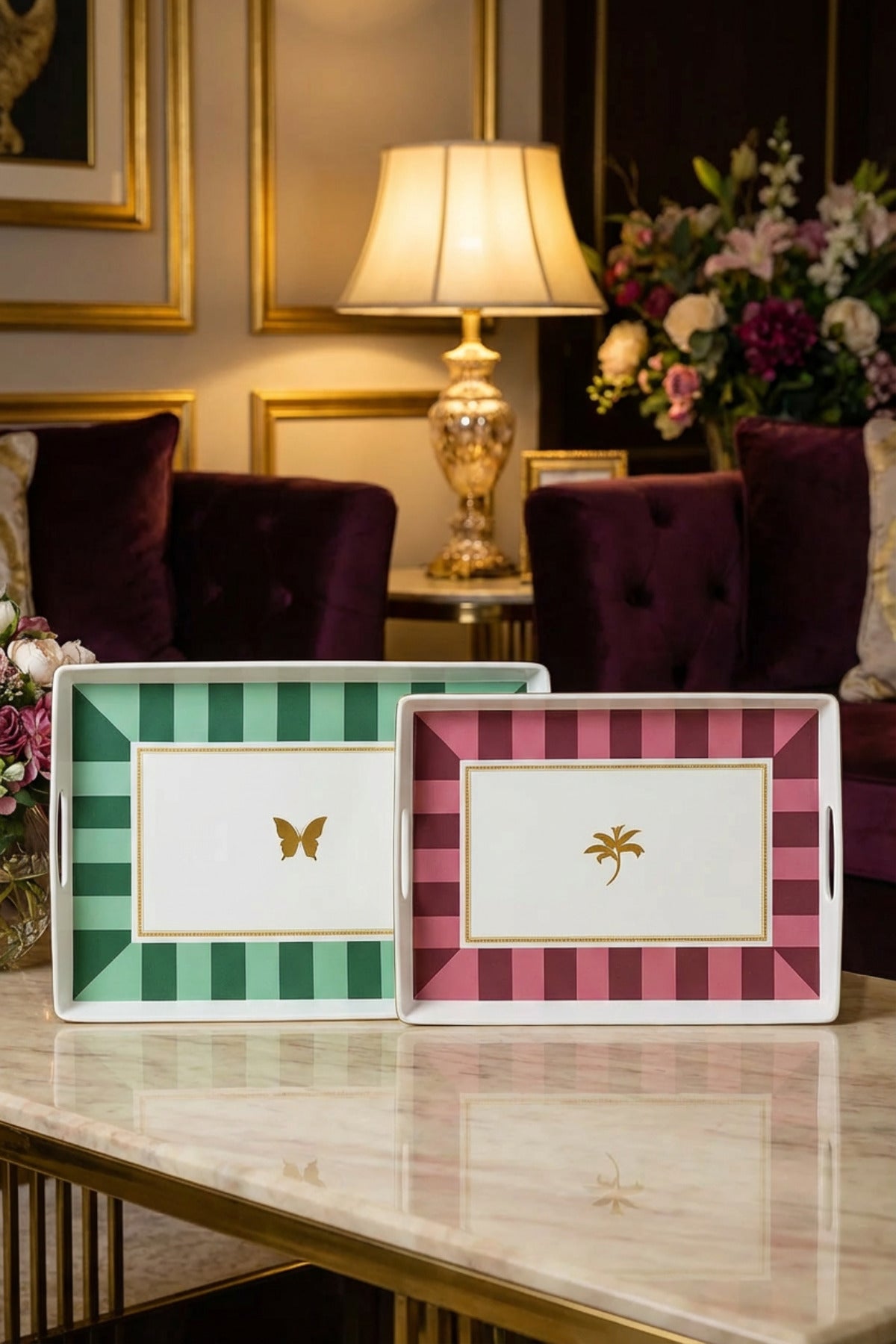 2 adet Çizgili Desenli Servis Tepsisi 38x28x3,5 cm, Siyah-Beyaz ve Bordo