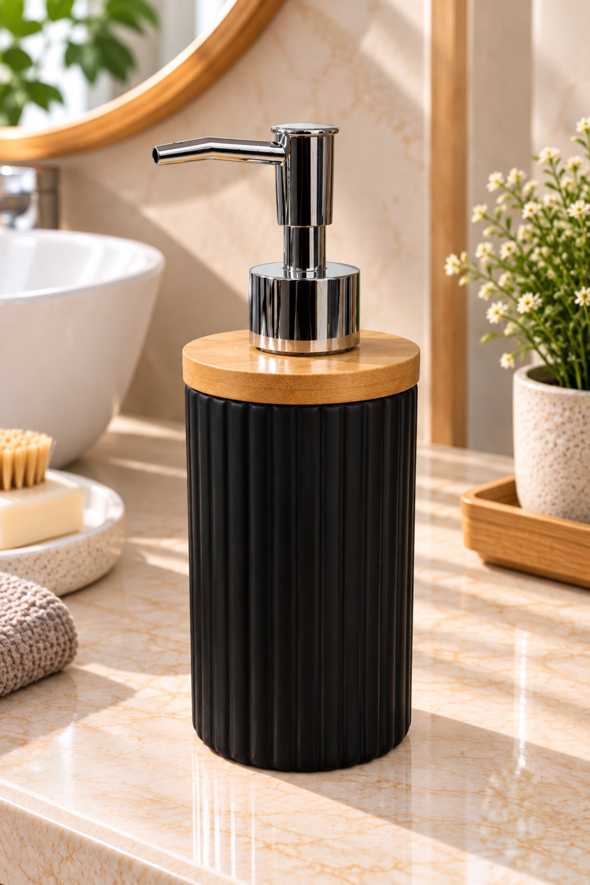 400 ml Bambu Kapaklı Sıvı Sabunluk, Desenli Seramik, Siyah Gri Pudra Pembe, 8x19 cm – Siyah
