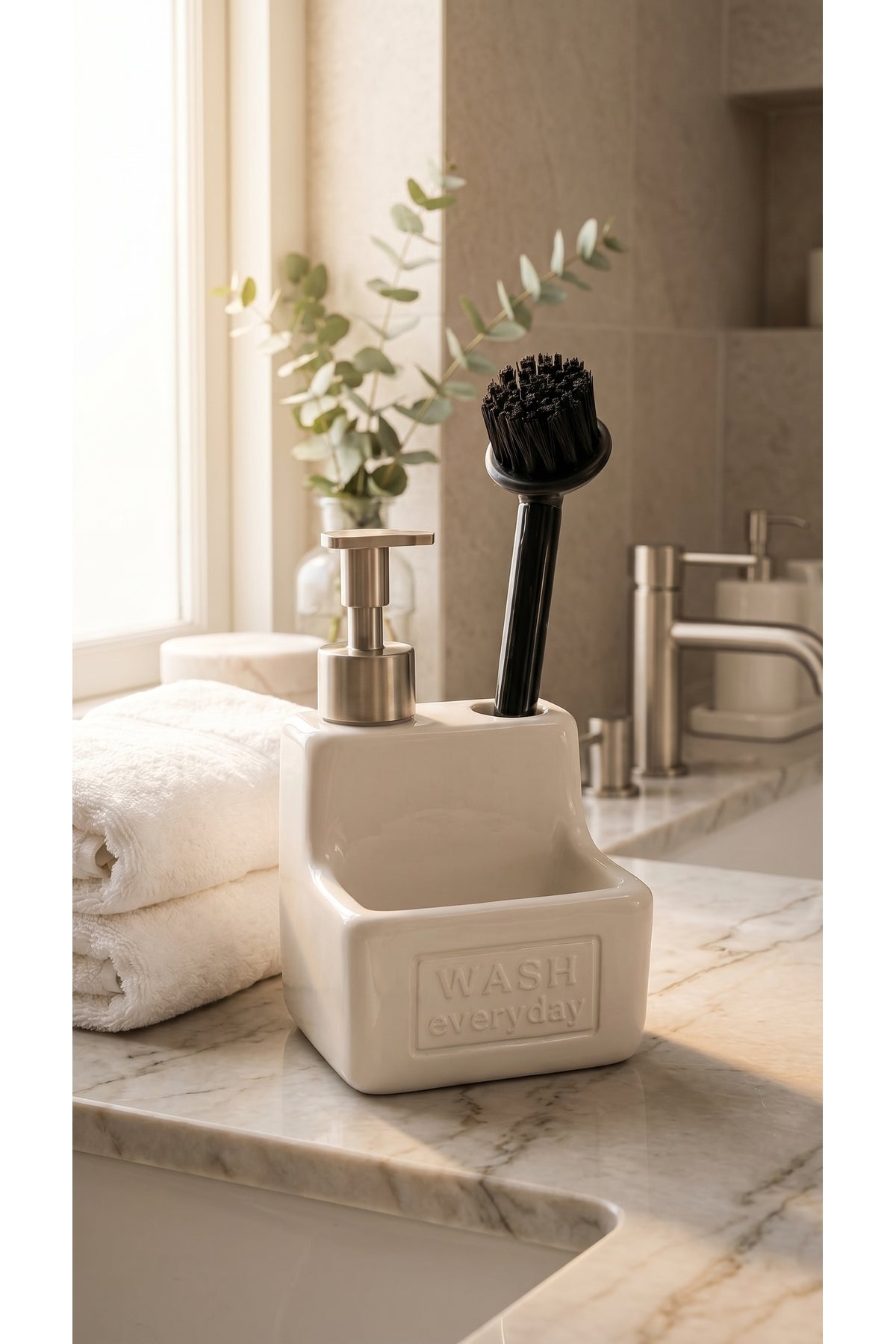 500 ml Seramik Sıvı Sabunluk Deterjanlık Fırçalık, 11x11x18 cm